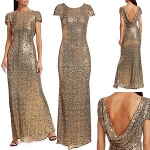 Badgley Mischka Rose Gold Sequin Cowl Back Gown US 4